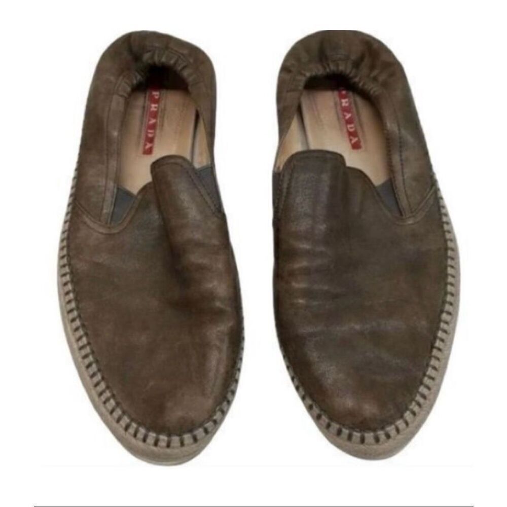 Prada Size 8 Slip On Espadrille Loafers Brown Leather Minimalist Old Money